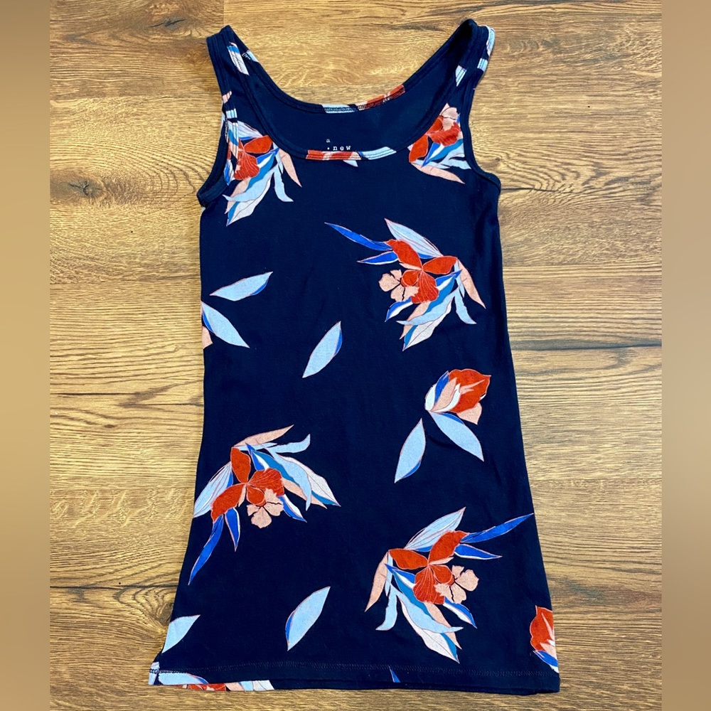 A New Day Navy Blue & Floral Tank Top- Women’s Small